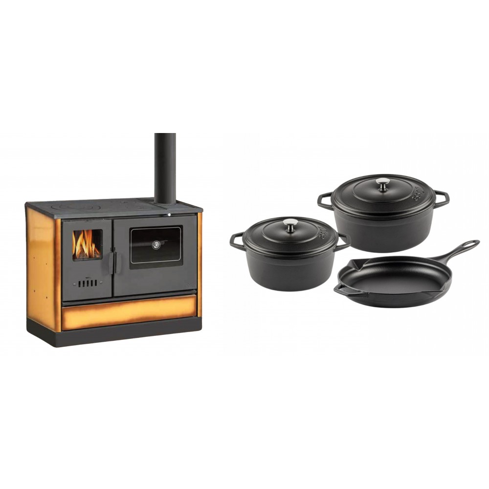 Set Küchenofen mit Backofen und Kochplatte Balkan Energy, Modell 4020 Cappuccino, Obere Platte aus Gusseisen, Leistung 7.9kW + Gusseisen Topf Set aus 3 teilen Solagio, Black Onyx