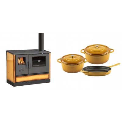 Set Küchenofen mit Backofen und Kochplatte Balkan Energy, Modell 4020 Cappuccino, Obere Platte aus Gusseisen, Leistung 7.9kW + Gusseisen Topf Set aus 3 teilen Solagio, Dijon - Balkan Energy