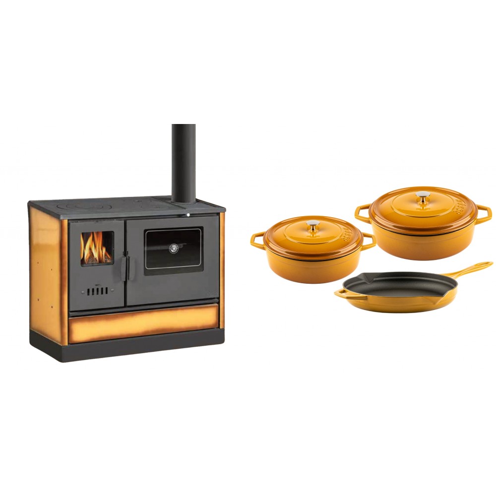 Set Küchenofen mit Backofen und Kochplatte Balkan Energy, Modell 4020 Cappuccino, Obere Platte aus Gusseisen, Leistung 7.9kW + Gusseisen Topf Set aus 3 teilen Solagio, Dijon