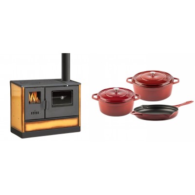 Set Küchenofen mit Backofen und Kochplatte Balkan Energy, Modell 4020 Cappuccino, Obere Platte aus Gusseisen, Leistung 7.9kW + Gusseisen Topf Set aus 3 teilen Solagio, Rubin - Balkan Energy