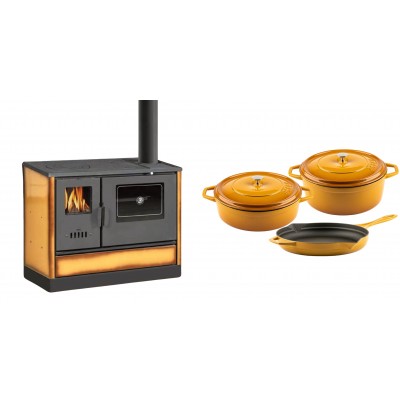 Set Küchenofen mit Backofen und Kochplatte Balkan Energy, Modell 4020 Cappuccino, Obere Platte aus Gusseisen, Leistung 7.9kW + Gusseisen Topf Set aus 3 teilen Solagio, Dijon - Balkan Energy