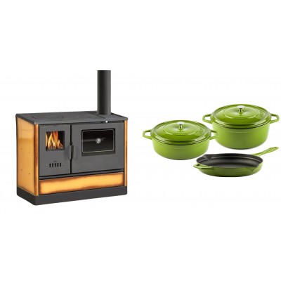 Set Küchenofen mit Backofen und Kochplatte Balkan Energy, Modell 4020 Cappuccino, Obere Platte aus Gusseisen, Leistung 7.9kW + Gusseisen Topf Set aus 3 teilen Solagio, Bamboo - Balkan Energy