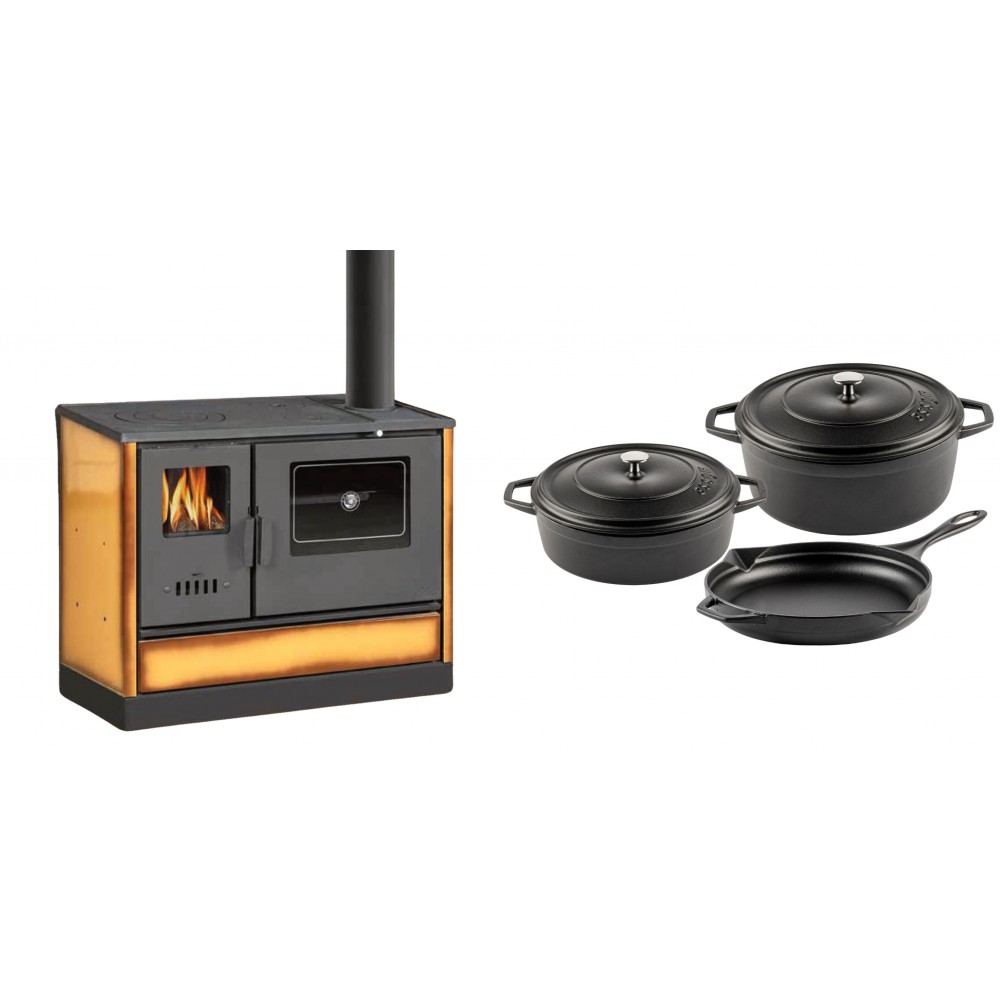 Set Küchenofen mit Backofen und Kochplatte Balkan Energy, Modell 4020 Cappuccino, Obere Platte aus Gusseisen, Leistung 7.9kW + Gusseisen Topf Set aus 3 teilen Solagio, Black Onyx | Kaminofen - Holzofen mit Backfach | Kaminofen |