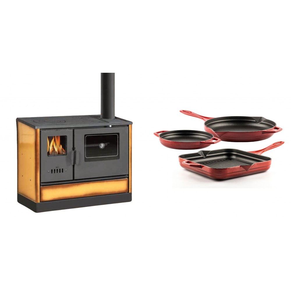 Set Küchenofen mit Backofen und Kochplatte Balkan Energy, Modell 4020 Cappuccino, Obere Platte aus Gusseisen, Leistung 7.9kW + Gusseisen Topf Set aus 3 teilen Solagio, Rubin
