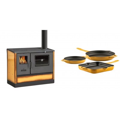 Set Küchenofen mit Backofen und Kochplatte Balkan Energy, Modell 4020 Cappuccino, Obere Platte aus Gusseisen, Leistung 7.9kW + Gusseisen Topf Set aus 3 teilen Solagio, Dijon - Balkan Energy