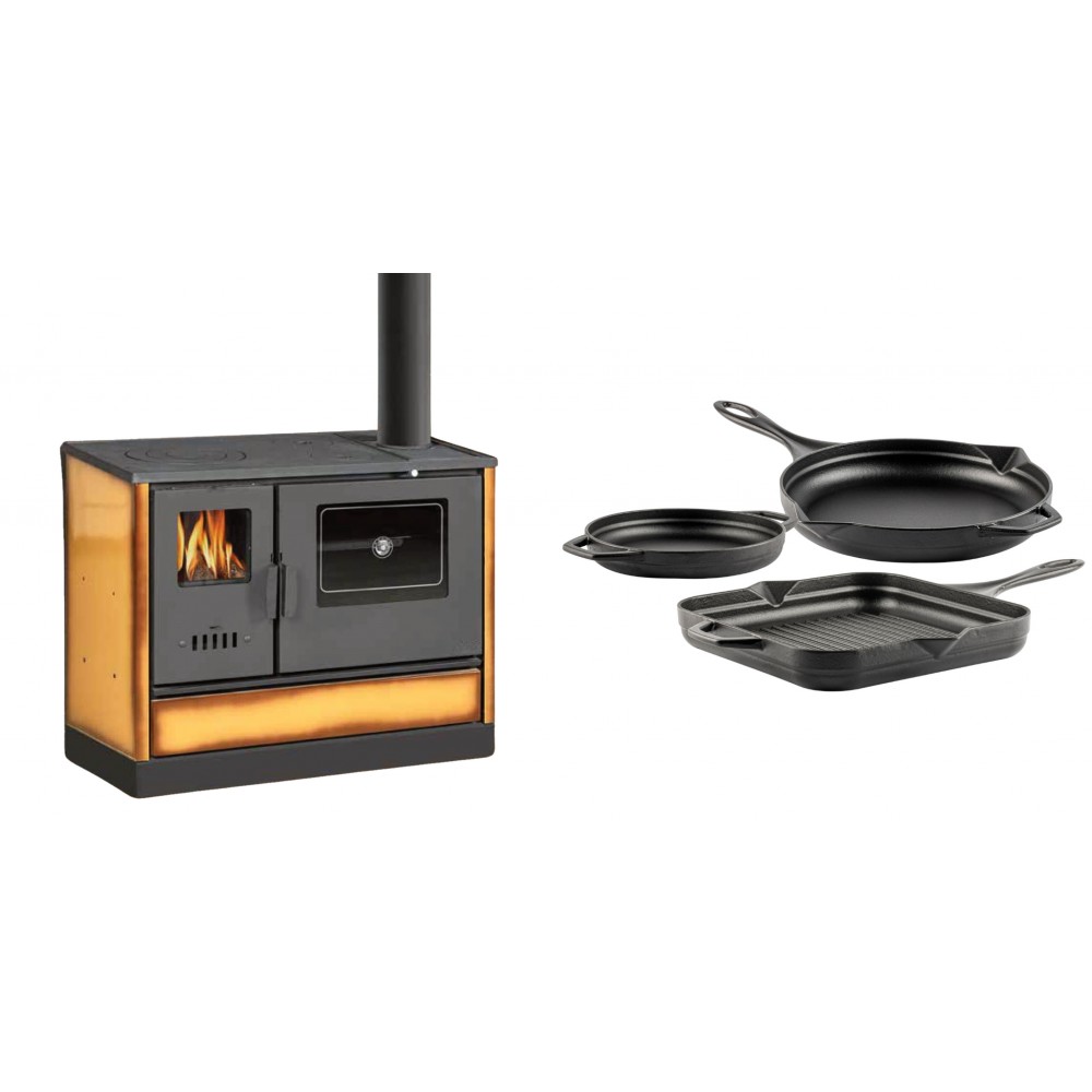 Set Küchenofen mit Backofen und Kochplatte Balkan Energy, Modell 4020 Cappuccino, Obere Platte aus Gusseisen, Leistung 7.9kW + Gusseisen Topf Set aus 3 teilen Solagio, Black Onyx | Kaminofen - Holzofen mit Backfach | Kaminofen |