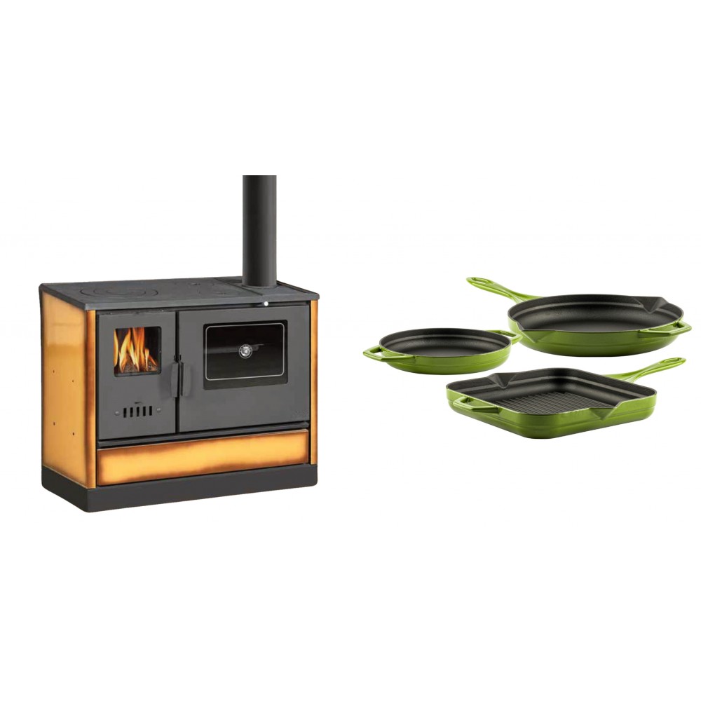 Set Küchenofen mit Backofen und Kochplatte Balkan Energy, Modell 4020 Cappuccino, Obere Platte aus Gusseisen, Leistung 7.9kW + Gusseisen Topf Set aus 3 teilen Solagio, Bamboo