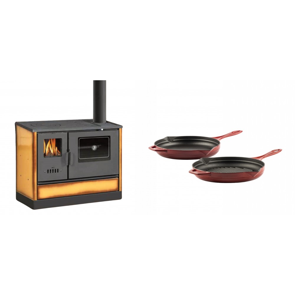 Set Küchenofen mit Backofen und Kochplatte Balkan Energy, Modell 4020 Cappuccino, Obere Platte aus Gusseisen, Leistung 7.9kW + Gusseisen Topf Set aus 2 teilen Solagio, Rubin | Kaminofen - Holzofen mit Backfach | Kaminofen |