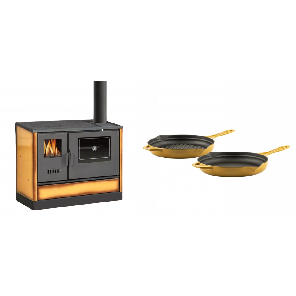 Set Küchenofen mit Backofen und Kochplatte Balkan Energy, Modell 4020 Cappuccino, Obere Platte aus Gusseisen, Leistung 7.9kW + Gusseisen Topf Set aus 2 teilen Solagio, Dijon