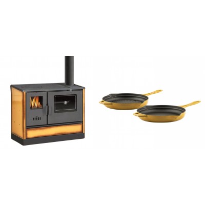 Set Küchenofen mit Backofen und Kochplatte Balkan Energy, Modell 4020 Cappuccino, Obere Platte aus Gusseisen, Leistung 7.9kW + Gusseisen Topf Set aus 2 teilen Solagio, Dijon - Balkan Energy