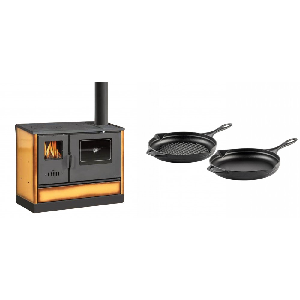 Set Küchenofen mit Backofen und Kochplatte Balkan Energy, Modell 4020 Cappuccino, Obere Platte aus Gusseisen, Leistung 7.9kW + Gusseisen Topf Set aus 2 teilen Solagio, Black Onyx | Kaminofen - Holzofen mit Backfach | Kaminofen |