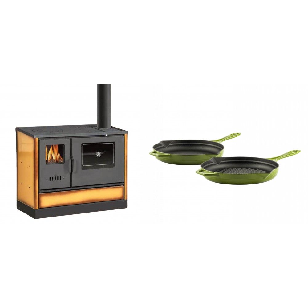 Set Küchenofen mit Backofen und Kochplatte Balkan Energy, Modell 4020 Cappuccino, Obere Platte aus Gusseisen, Leistung 7.9kW + Gusseisen Topf Set aus 2 teilen Solagio, Bamboo | Kaminofen - Holzofen mit Backfach | Kaminofen |
