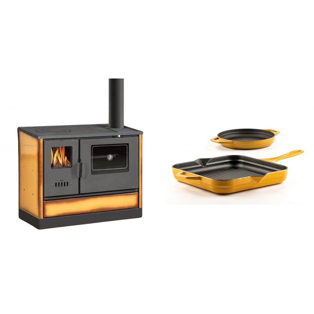 Set Küchenofen mit Backofen und Kochplatte Balkan Energy, Modell 4020 Cappuccino, Obere Platte aus Gusseisen, Leistung 7.9kW + Gusseisen Topf Set aus 2 teilen Solagio, Dijon | Kaminofen - Holzofen mit Backfach | Kaminofen |