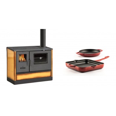 Set Küchenofen mit Backofen und Kochplatte Balkan Energy, Modell 4020 Cappuccino, Obere Platte aus Gusseisen, Leistung 7.9kW + Gusseisen Topf Set aus 2 teilen Solagio, Rubin - Balkan Energy