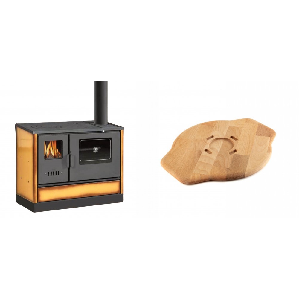 Set Küchenofen mit Backofen und Kochplatte Balkan Energy, Modell 4020 Cappuccino, Obere Platte aus Gusseisen, Leistung 7.9kW + Holz untersetzer für Gusseisenplatte Solagio HSYSAK28 | Kaminofen - Holzofen mit Backfach | Kaminofen |