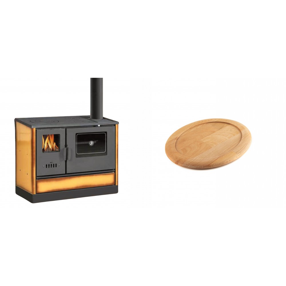 Set Küchenofen mit Backofen und Kochplatte Balkan Energy, Modell 4020 Cappuccino, Obere Platte aus Gusseisen, Leistung 7.9kW + Holz untersetzer für ovale gusseisenpfanne Solagio HSFT1825