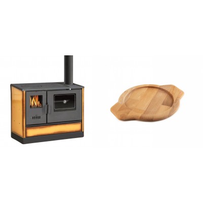 Set Küchenofen mit Backofen und Kochplatte Balkan Energy, Modell 4020 Cappuccino, Obere Platte aus Gusseisen, Leistung 7.9kW + Holz untersetzer für gusseisenschüssel Solagio HSYKTV22 - Balkan Energy