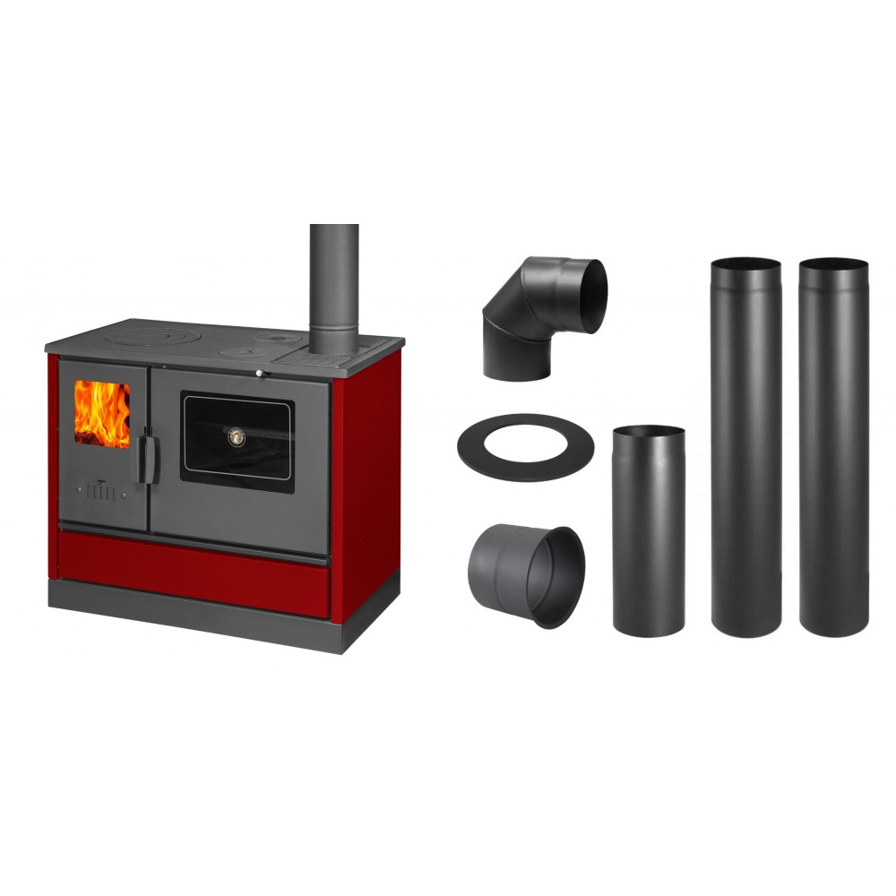 Set Küchenofen mit Backofen und Kochplatte Balkan Energy, Modell 4020 Bordeaux, Obere Platte aus Gusseisen, Leistung 7.9kW + Schornstein Bausatz PARKANEX, Stahl Ø150, Dicke 2mm