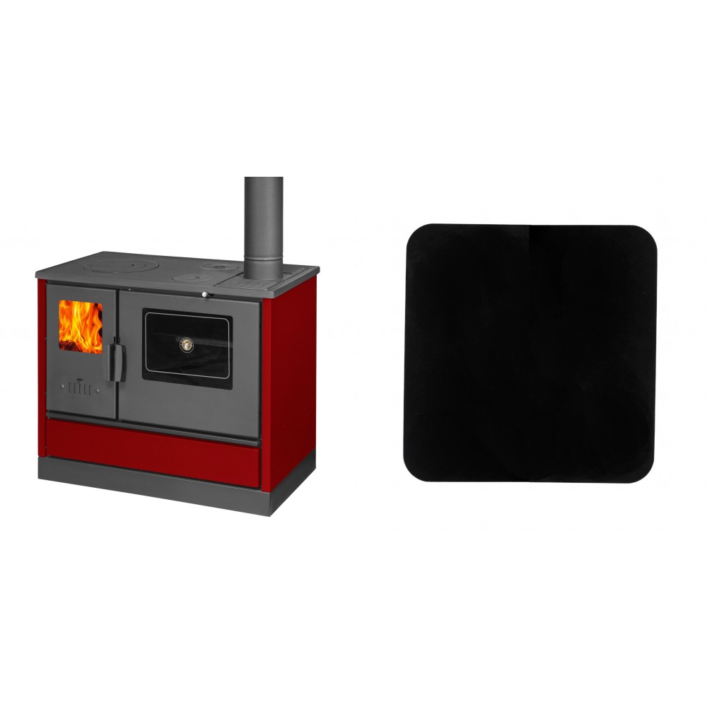 Set Küchenofen mit Backofen und Kochplatte Balkan Energy, Modell 4020 Bordeaux, Obere Platte aus Gusseisen, Leistung 7.9kW + Funkenschutzplatte Stahl 2mm, Größe 98x98cm