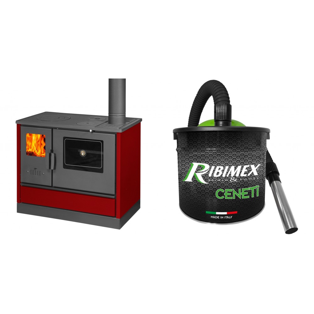 Set Küchenofen mit Backofen und Kochplatte Balkan Energy, Modell 4020 Bordeaux, Obere Platte aus Gusseisen, Leistung 7.9kW + Elektrischer Aschesauger Ribimex, Modell Cenetì, Fassungsvermögen 15 L