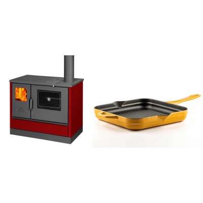 Set Küchenofen mit Backofen und Kochplatte Balkan Energy, Modell 4020 Bordeaux, Obere Platte aus Gusseisen, Leistung 7.9kW + Emaillierte grillpfanne Gusseisen Solagio, Dijon, 28х28cm - Balkan Energy
