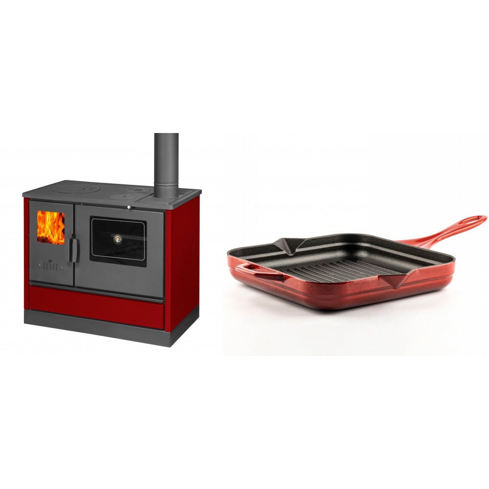 Set Küchenofen mit Backofen und Kochplatte Balkan Energy, Modell 4020 Bordeaux, Obere Platte aus Gusseisen, Leistung 7.9kW + Emaillierte grillpfanne Gusseisen Solagio, Rubin, 28x28cm