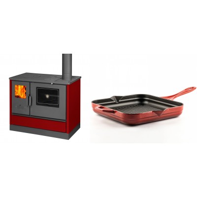 Set Küchenofen mit Backofen und Kochplatte Balkan Energy, Modell 4020 Bordeaux, Obere Platte aus Gusseisen, Leistung 7.9kW + Emaillierte grillpfanne Gusseisen Solagio, Rubin, 28x28cm - Balkan Energy