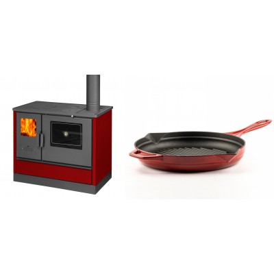 Set Küchenofen mit Backofen und Kochplatte Balkan Energy, Modell 4020 Bordeaux, Obere Platte aus Gusseisen, Leistung 7.9kW + Emaillierte grillpfanne Gusseisen Solagio, Rubin, Ф28cm - Balkan Energy