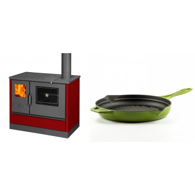 Set Küchenofen mit Backofen und Kochplatte Balkan Energy, Modell 4020 Bordeaux, Obere Platte aus Gusseisen, Leistung 7.9kW + Emaillierte grillpfanne Gusseisen Solagio, Bamboo, Ф28cm - Balkan Energy