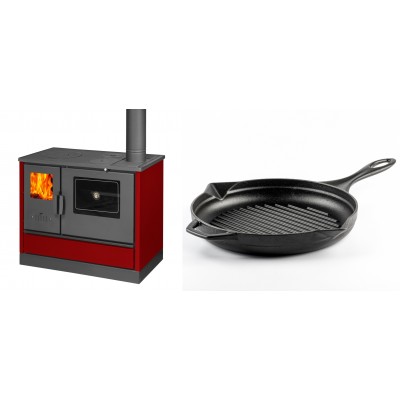 Set Küchenofen mit Backofen und Kochplatte Balkan Energy, Modell 4020 Bordeaux, Obere Platte aus Gusseisen, Leistung 7.9kW + Emaillierte grillpfanne Gusseisen Solagio, Black Onyx, Ф28cm - Balkan Energy