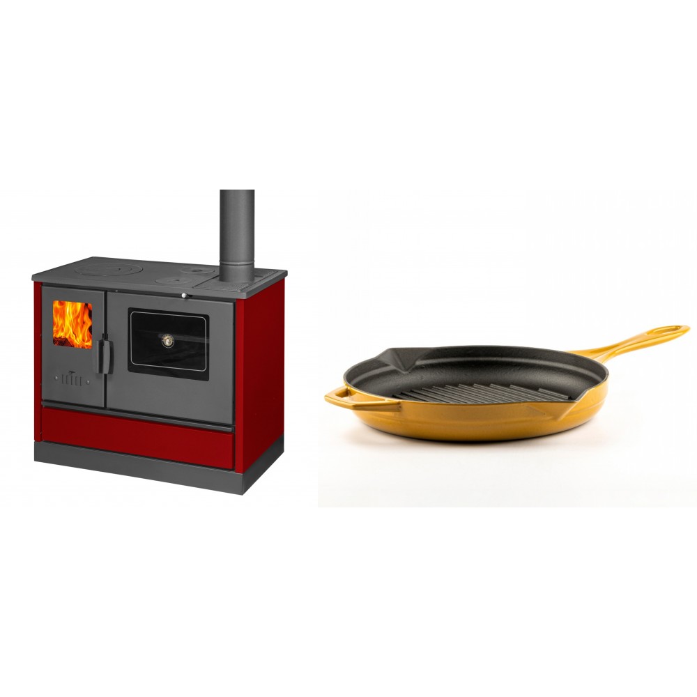 Set Küchenofen mit Backofen und Kochplatte Balkan Energy, Modell 4020 Bordeaux, Obere Platte aus Gusseisen, Leistung 7.9kW + Emaillierte grillpfanne Gusseisen Solagio, Dijon, Ф28cm