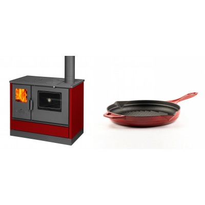 Set Küchenofen mit Backofen und Kochplatte Balkan Energy, Modell 4020 Bordeaux, Obere Platte aus Gusseisen, Leistung 7.9kW + Emaillierte grillpfanne Gusseisen Solagio, Rubin, Ф24cm - Balkan Energy