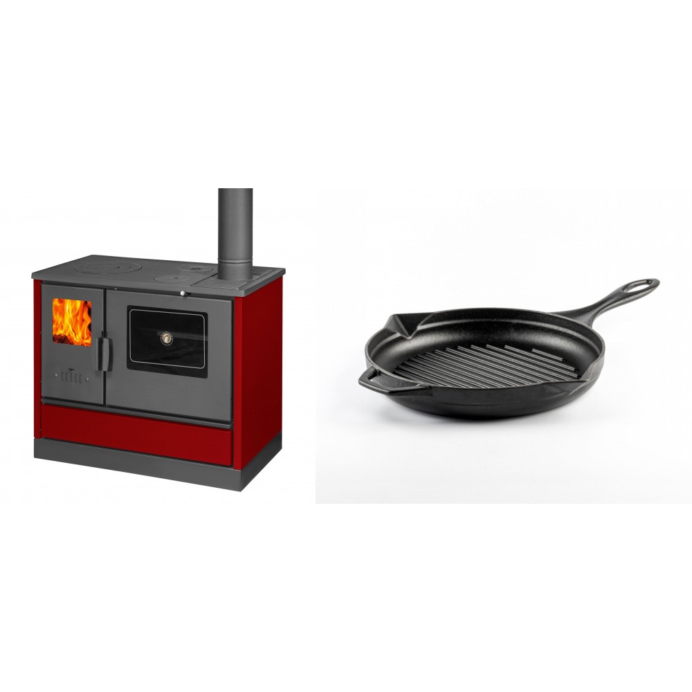 Set Küchenofen mit Backofen und Kochplatte Balkan Energy, Modell 4020 Bordeaux, Obere Platte aus Gusseisen, Leistung 7.9kW + Emaillierte grillpfanne Gusseisen Solagio, Black Onyx, Ф24cm | Kaminofen - Holzofen mit Backfach | Kaminofen |