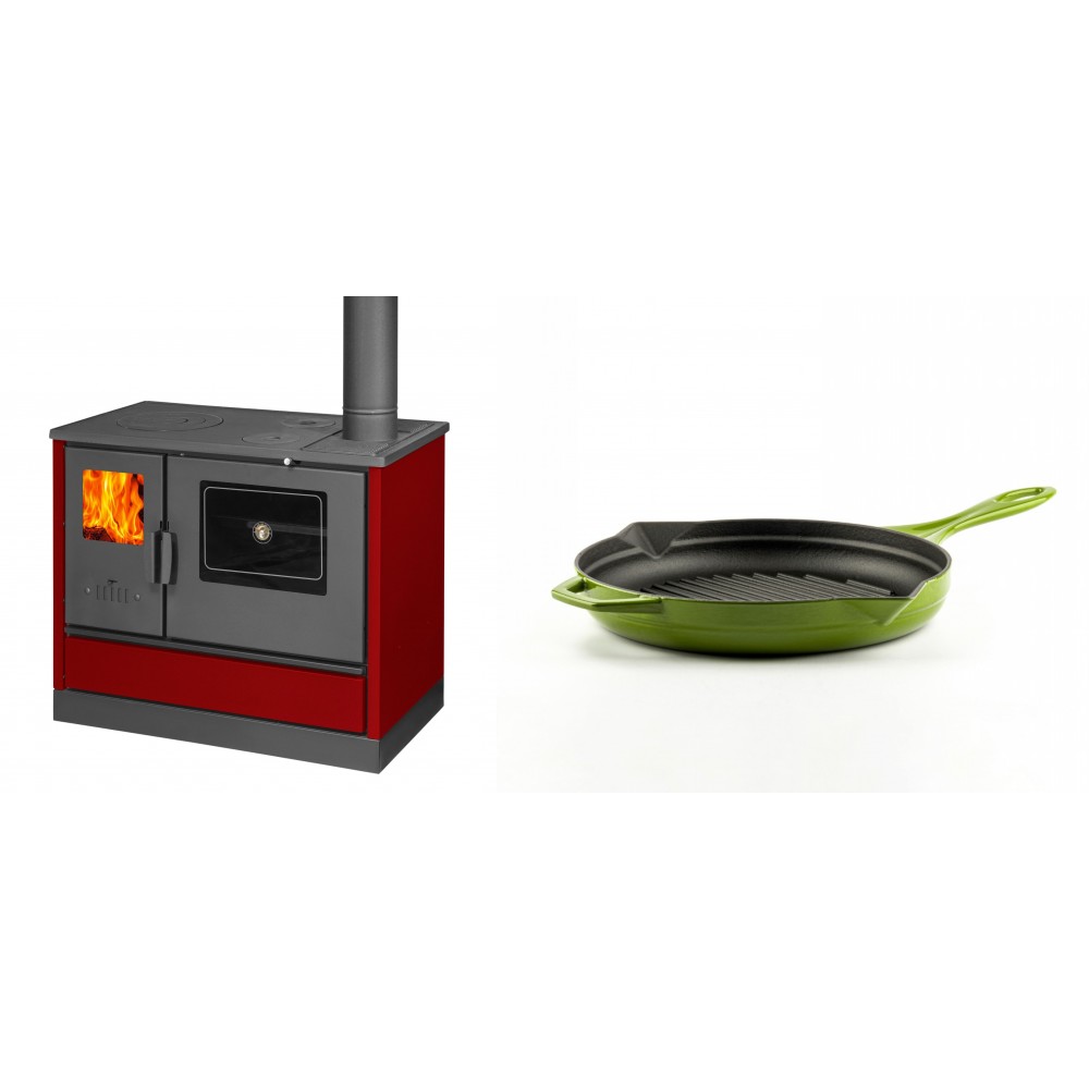 Set Küchenofen mit Backofen und Kochplatte Balkan Energy, Modell 4020 Bordeaux, Obere Platte aus Gusseisen, Leistung 7.9kW + Emaillierte grillpfanne Gusseisen Solagio, Bamboo, Ф24cm | Kaminofen - Holzofen mit Backfach | Kaminofen |