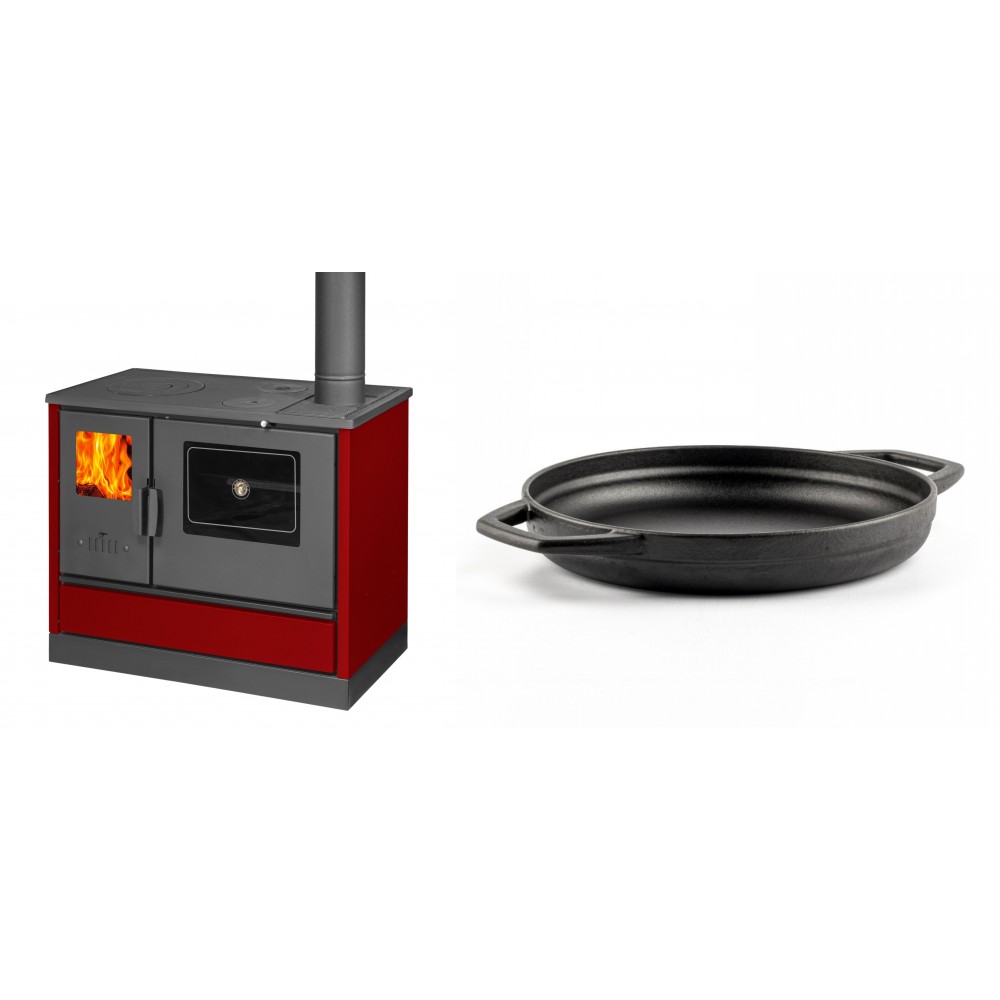 Set Küchenofen mit Backofen und Kochplatte Balkan Energy, Modell 4020 Bordeaux, Obere Platte aus Gusseisen, Leistung 7.9kW + Emaillierte gusseisenpfanne mit zwei Griffen Solagio, Black Onyx, Ф22cm