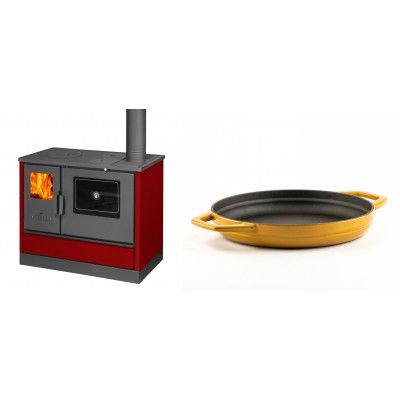 Set Küchenofen mit Backofen und Kochplatte Balkan Energy, Modell 4020 Bordeaux, Obere Platte aus Gusseisen, Leistung 7.9kW + Emaillierte gusseisenpfanne mit zwei Griffen Solagio, Dijon, Ф22cm - Balkan Energy