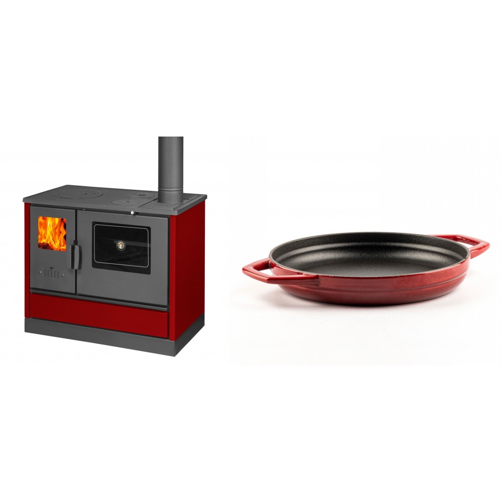 Set Küchenofen mit Backofen und Kochplatte Balkan Energy, Modell 4020 Bordeaux, Obere Platte aus Gusseisen, Leistung 7.9kW + Emaillierte gusseisenpfanne mit zwei Griffen Solagio, Rubin, Ф22cm | Kaminofen - Holzofen mit Backfach | Kaminofen |