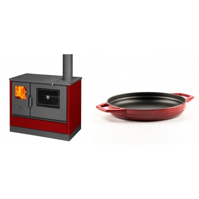 Set Küchenofen mit Backofen und Kochplatte Balkan Energy, Modell 4020 Bordeaux, Obere Platte aus Gusseisen, Leistung 7.9kW + Emaillierte gusseisenpfanne mit zwei Griffen Solagio, Rubin, Ф22cm - Balkan Energy