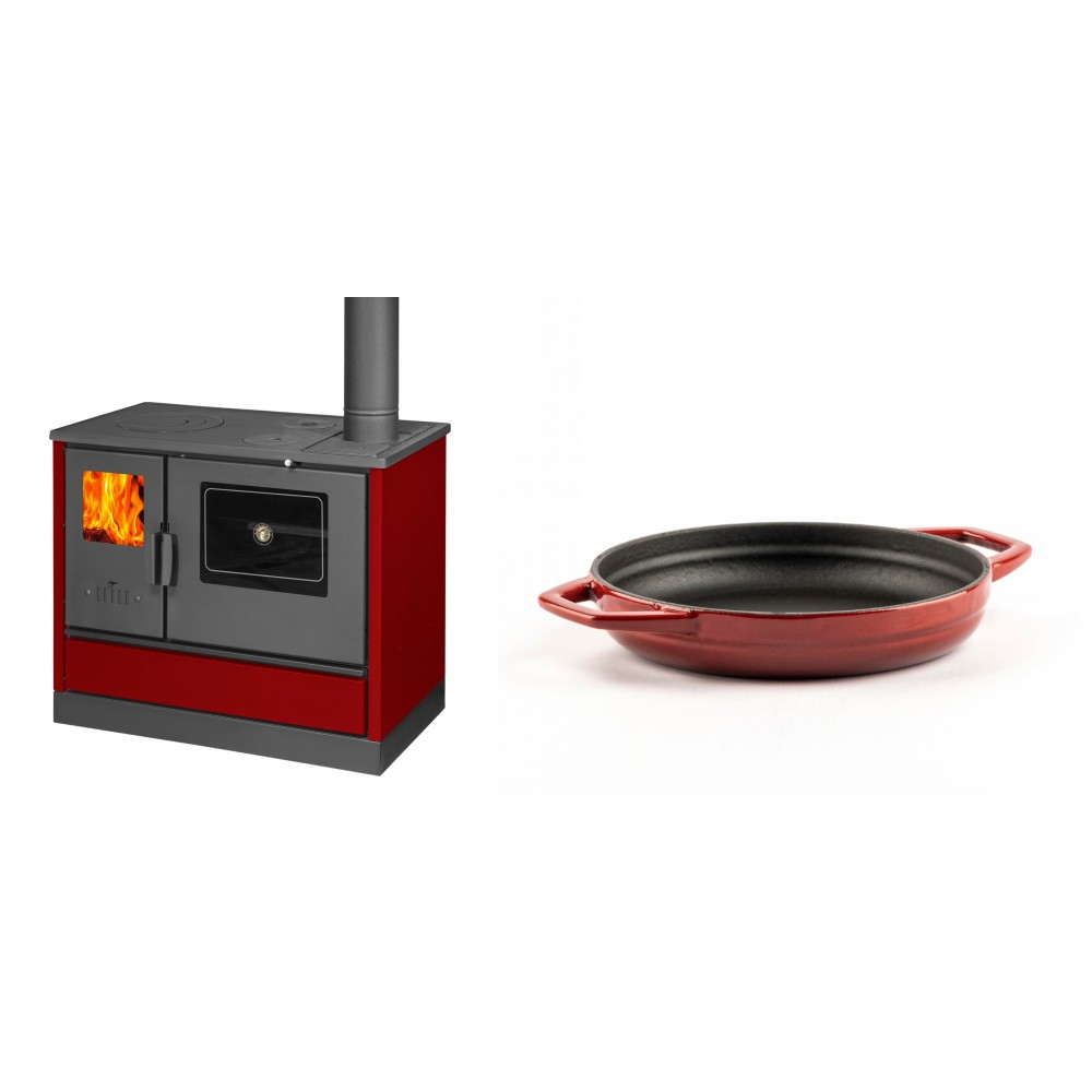 Set Küchenofen mit Backofen und Kochplatte Balkan Energy, Modell 4020 Bordeaux, Obere Platte aus Gusseisen, Leistung 7.9kW + Emaillierte gusseisenpfanne mit zwei Griffen Solagio, Rubin, Ф19cm | Kaminofen - Holzofen mit Backfach | Kaminofen |