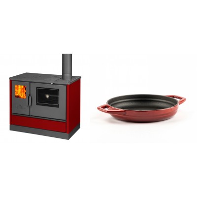 Set Küchenofen mit Backofen und Kochplatte Balkan Energy, Modell 4020 Bordeaux, Obere Platte aus Gusseisen, Leistung 7.9kW + Emaillierte gusseisenpfanne mit zwei Griffen Solagio, Rubin, Ф19cm - Balkan Energy