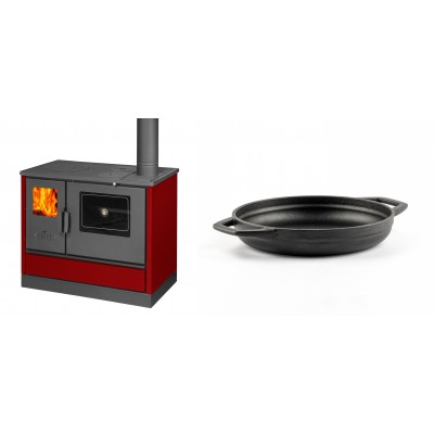 Set Küchenofen mit Backofen und Kochplatte Balkan Energy, Modell 4020 Bordeaux, Obere Platte aus Gusseisen, Leistung 7.9kW + Emaillierte gusseisenpfanne mit zwei Griffen Solagio, Black Onyx, Ф19cm - Balkan Energy