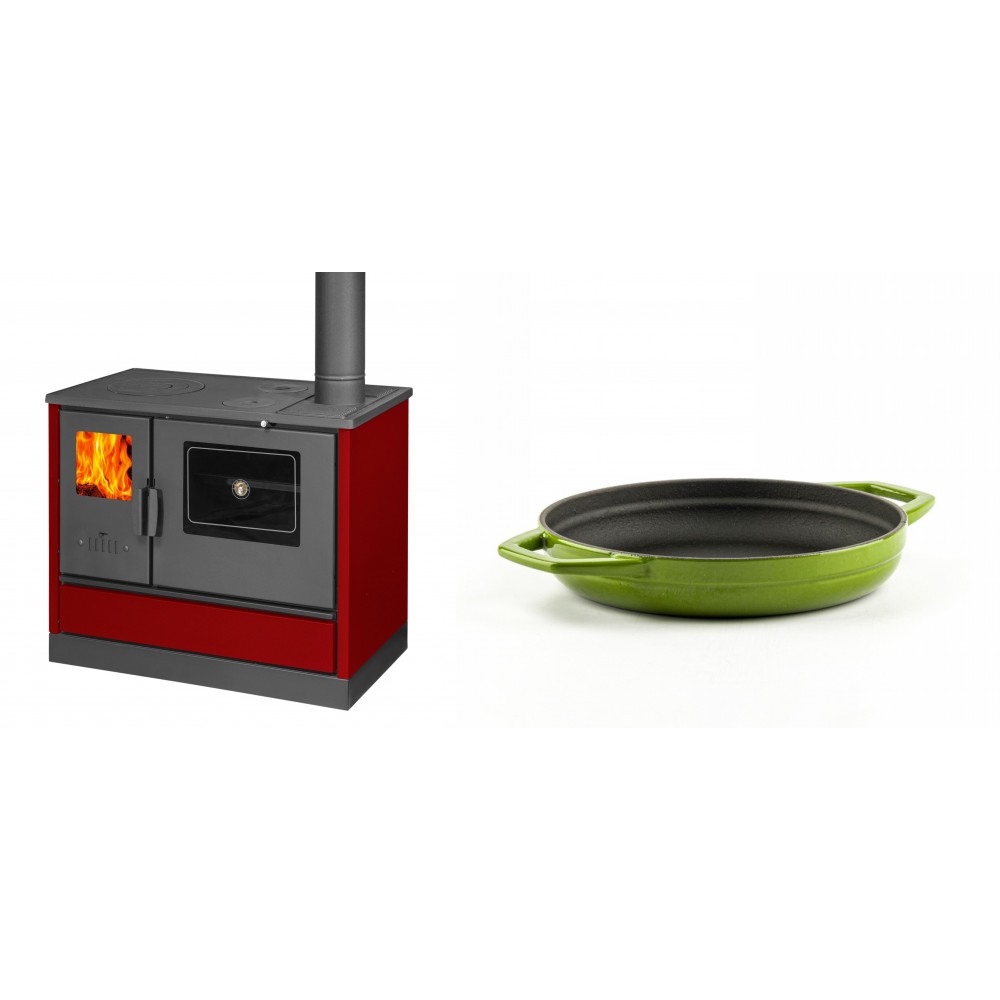 Set Küchenofen mit Backofen und Kochplatte Balkan Energy, Modell 4020 Bordeaux, Obere Platte aus Gusseisen, Leistung 7.9kW + Emaillierte gusseisenpfanne mit zwei Griffen Solagio, Bamboo, Ф19cm | Kaminofen - Holzofen mit Backfach | Kaminofen |