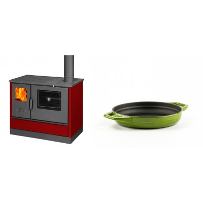 Set Küchenofen mit Backofen und Kochplatte Balkan Energy, Modell 4020 Bordeaux, Obere Platte aus Gusseisen, Leistung 7.9kW + Emaillierte gusseisenpfanne mit zwei Griffen Solagio, Bamboo, Ф16cm - Balkan Energy