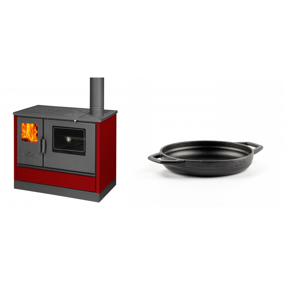 Set Küchenofen mit Backofen und Kochplatte Balkan Energy, Modell 4020 Bordeaux, Obere Platte aus Gusseisen, Leistung 7.9kW + Emaillierte gusseisenpfanne mit zwei Griffen Solagio, Black Onyx, Ф16cm | Kaminofen - Holzofen mit Backfach | Kaminofen |
