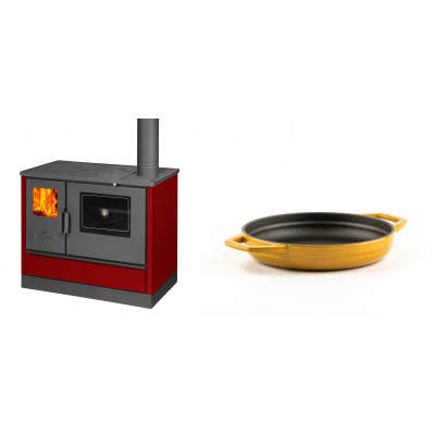 Set Küchenofen mit Backofen und Kochplatte Balkan Energy, Modell 4020 Bordeaux, Obere Platte aus Gusseisen, Leistung 7.9kW + Emaillierte gusseisenpfanne mit zwei Griffen Solagio, Dijon, Ф16cm - Balkan Energy