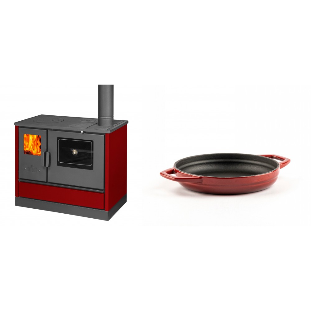 Set Küchenofen mit Backofen und Kochplatte Balkan Energy, Modell 4020 Bordeaux, Obere Platte aus Gusseisen, Leistung 7.9kW + Emaillierte gusseisenpfanne mit zwei Griffen Solagio, Rubin, Ф16cm | Kaminofen - Holzofen mit Backfach | Kaminofen |