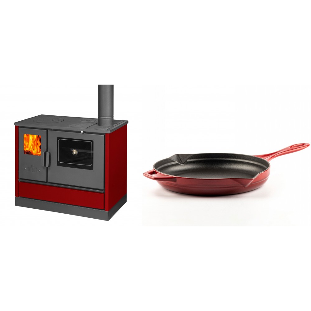 Set Küchenofen mit Backofen und Kochplatte Balkan Energy, Modell 4020 Bordeaux, Obere Platte aus Gusseisen, Leistung 7.9kW + Emaillierte Gusseisenpfanne Solagio, Rubin, Ф28cm