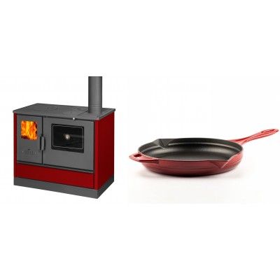 Set Küchenofen mit Backofen und Kochplatte Balkan Energy, Modell 4020 Bordeaux, Obere Platte aus Gusseisen, Leistung 7.9kW + Emaillierte Gusseisenpfanne Solagio, Rubin, Ф28cm - Balkan Energy