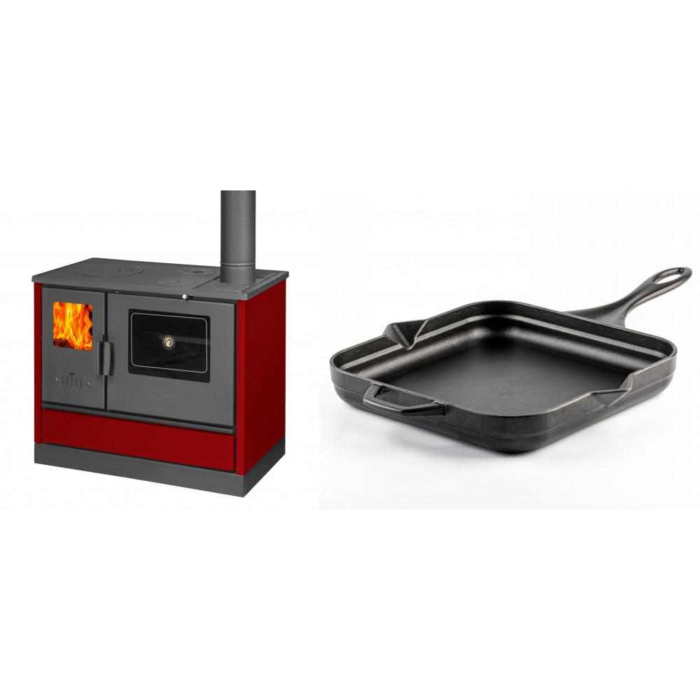 Set Küchenofen mit Backofen und Kochplatte Balkan Energy, Modell 4020 Bordeaux, Obere Platte aus Gusseisen, Leistung 7.9kW + Emaillierte Gusseisenpfanne Solagio, Black Onyx, 28x28cm | Kaminofen - Holzofen mit Backfach | Kaminofen |