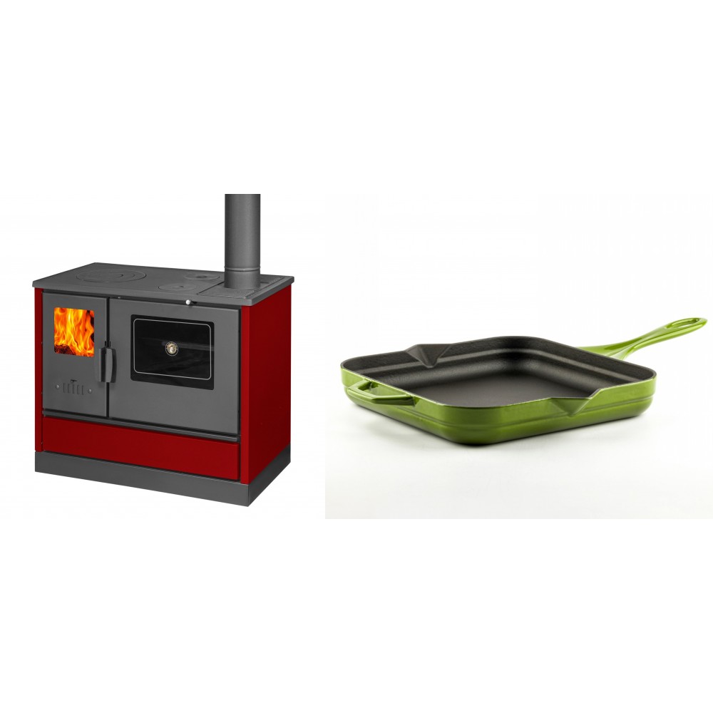 Set Küchenofen mit Backofen und Kochplatte Balkan Energy, Modell 4020 Bordeaux, Obere Platte aus Gusseisen, Leistung 7.9kW + Emaillierte Gusseisenpfanne Solagio, Bamboo, 28x28cm | Kaminofen - Holzofen mit Backfach | Kaminofen |